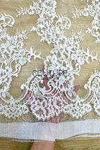Corded Chantilly French Lace: White Diagonal Floral Sprays with Scrolling Vine Scalloped Border, 3 Meters