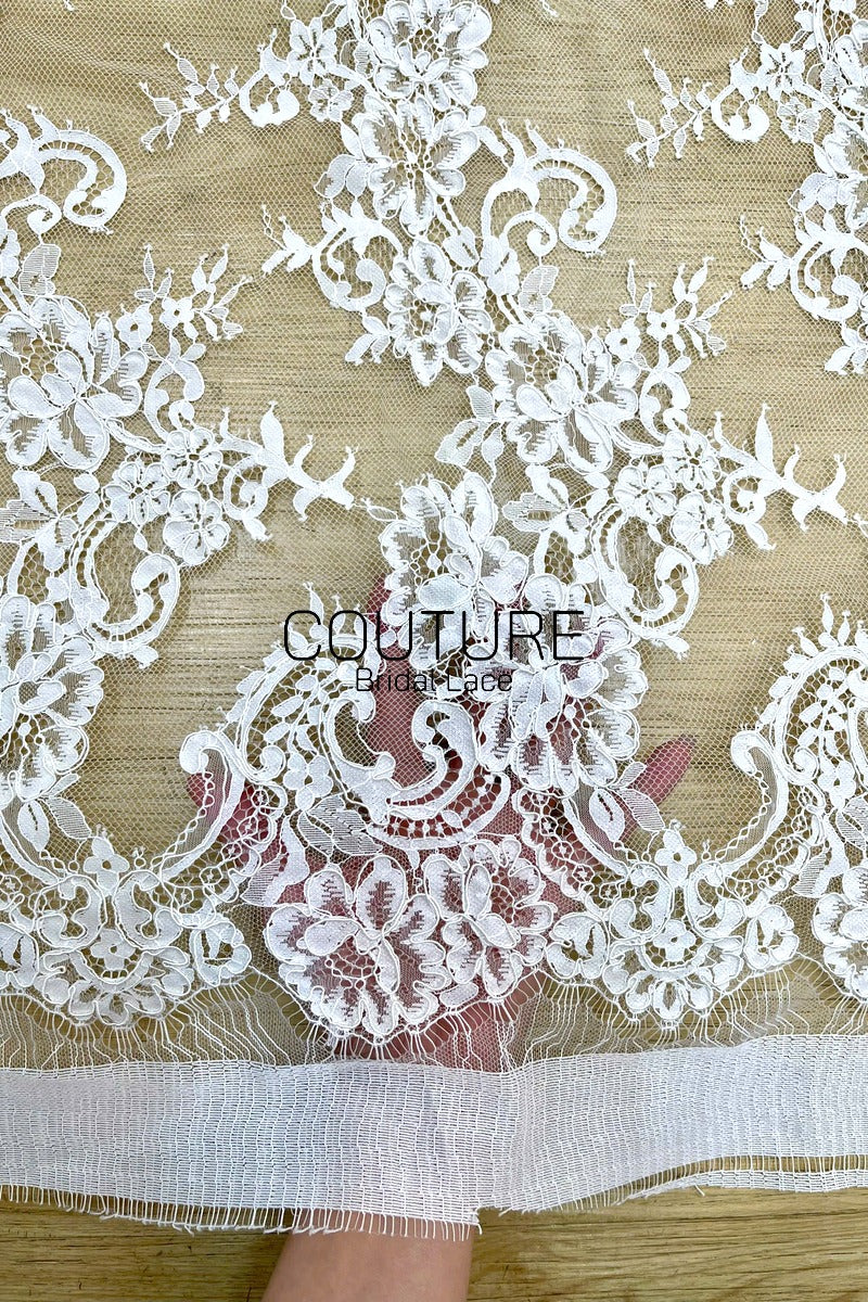 Corded Chantilly French Lace: White Diagonal Floral Sprays with Scrolling Vine Scalloped Border, 3 Meters