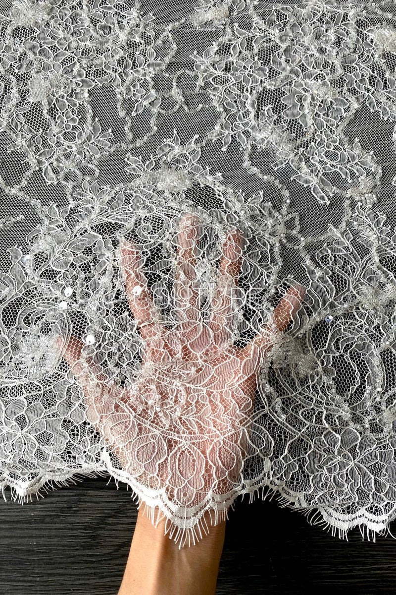 Corded Chantilly French Lace: White Scattered Delicate Floral Sprigs with Floral Scalloped Border, 3 Meters