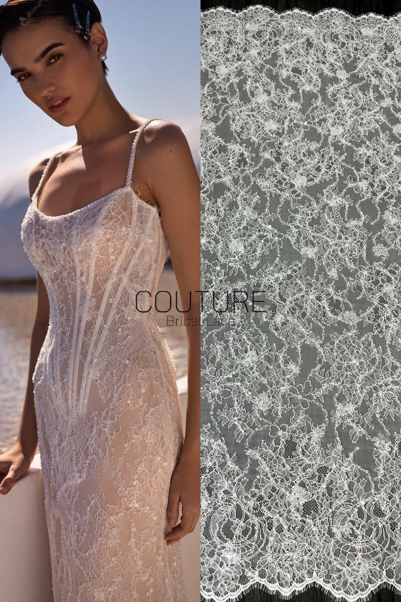 Corded Chantilly French Lace: White Scattered Delicate Floral Sprigs with Floral Scalloped Border, 3 Meters