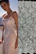 Corded Chantilly French Lace: White Scattered Delicate Floral Sprigs with Floral Scalloped Border, 3 Meters