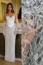 Corded Chantilly French Lace: White Scattered Delicate Floral Sprigs with Floral Scalloped Border, 3 Meters