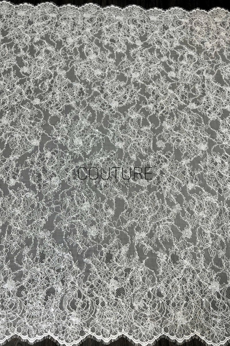 Corded Chantilly French Lace: White Scattered Delicate Floral Sprigs with Floral Scalloped Border, 3 Meters