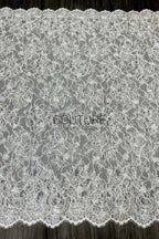 Corded Chantilly French Lace: White Scattered Delicate Floral Sprigs with Floral Scalloped Border, 3 Meters