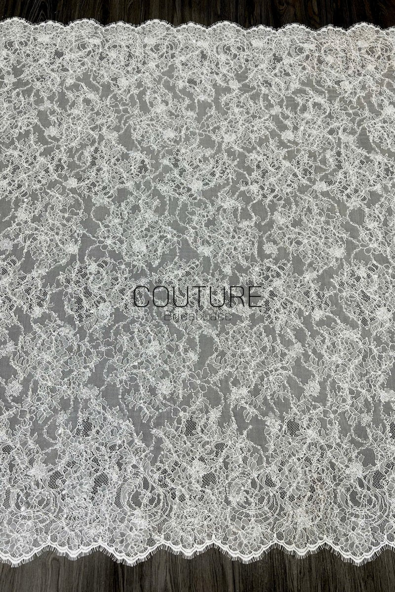 Corded Chantilly French Lace: White Scattered Delicate Floral Sprigs with Floral Scalloped Border, 3 Meters