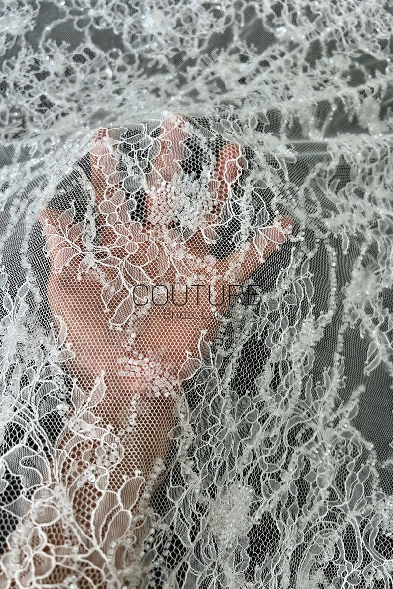 Corded Chantilly French Lace: White Scattered Delicate Floral Sprigs with Floral Scalloped Border, 3 Meters