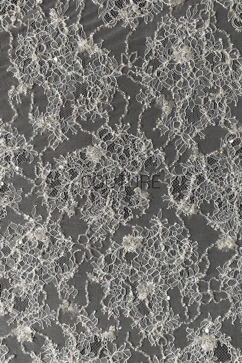 Corded Chantilly French Lace: White Scattered Delicate Floral Sprigs with Floral Scalloped Border, 3 Meters