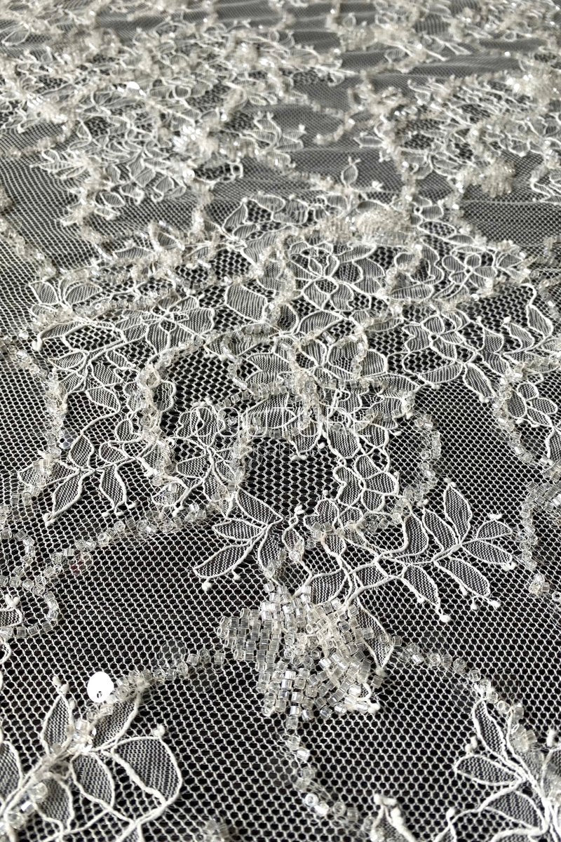 Corded Chantilly French Lace: White Scattered Delicate Floral Sprigs with Floral Scalloped Border, 3 Meters