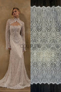 Beaded Chantilly Lace: White Art Deco Geometric Chandelier Medallion with Scattered Sequins and Eyelash Scalloped Border, 3 Meters