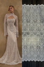Beaded Chantilly Lace: White Art Deco Geometric Chandelier Medallion with Scattered Sequins and Eyelash Scalloped Border, 3 Meters