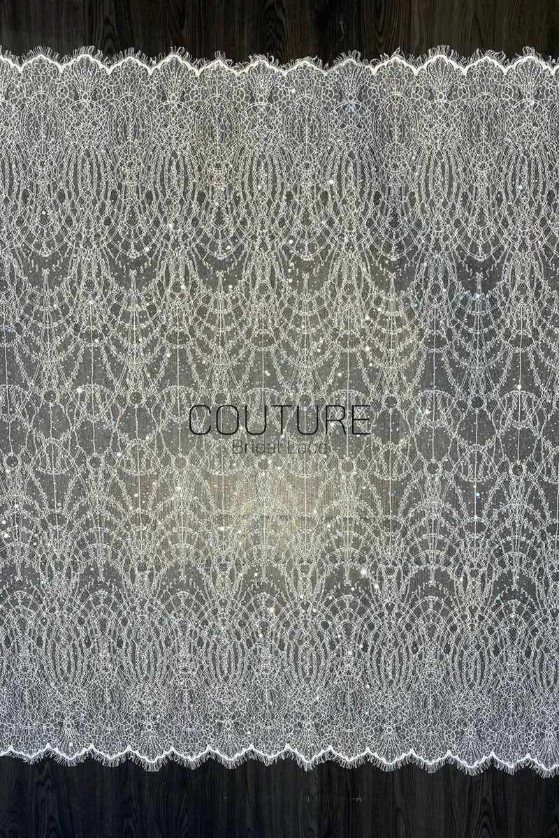 Beaded Chantilly Lace: White Art Deco Geometric Chandelier Medallion with Scattered Sequins and Eyelash Scalloped Border, 3 Meters