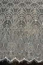 Beaded Chantilly Lace: White Art Deco Geometric Chandelier Medallion with Scattered Sequins and Eyelash Scalloped Border, 3 Meters