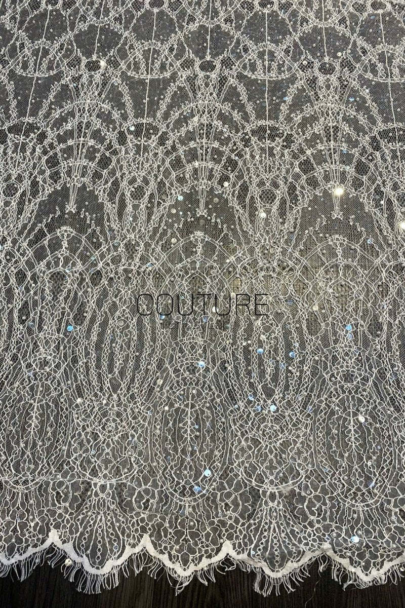 Beaded Chantilly Lace: White Art Deco Geometric Chandelier Medallion with Scattered Sequins and Eyelash Scalloped Border, 3 Meters