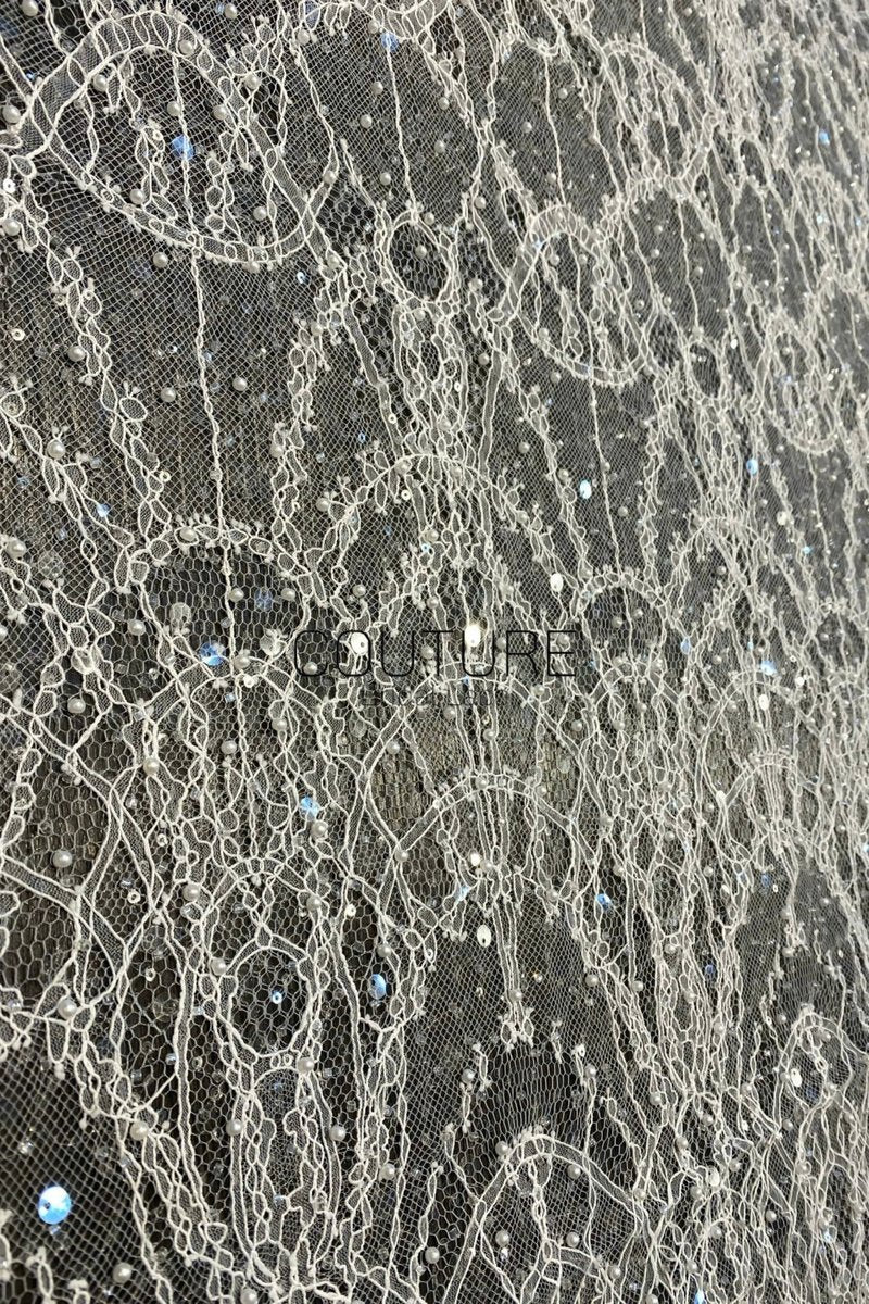 Beaded Chantilly Lace: White Art Deco Geometric Chandelier Medallion with Scattered Sequins and Eyelash Scalloped Border, 3 Meters