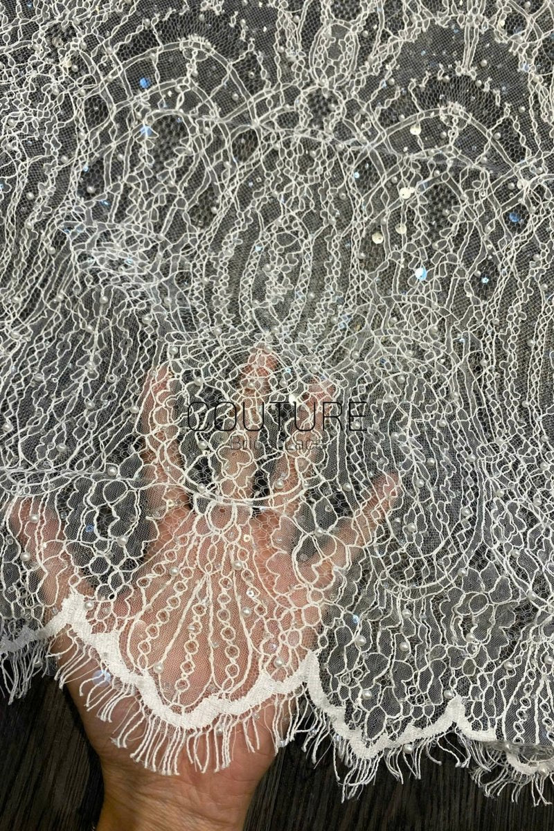 Beaded Chantilly Lace: White Art Deco Geometric Chandelier Medallion with Scattered Sequins and Eyelash Scalloped Border, 3 Meters