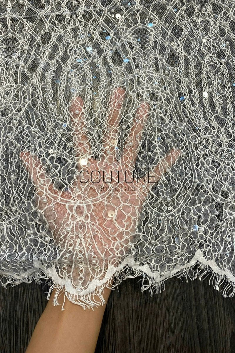 Beaded Chantilly Lace: White Art Deco Geometric Chandelier Medallion with Scattered Sequins and Eyelash Scalloped Border, 3 Meters