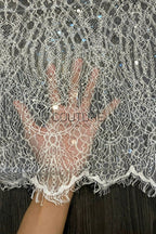 Beaded Chantilly Lace: White Art Deco Geometric Chandelier Medallion with Scattered Sequins and Eyelash Scalloped Border, 3 Meters