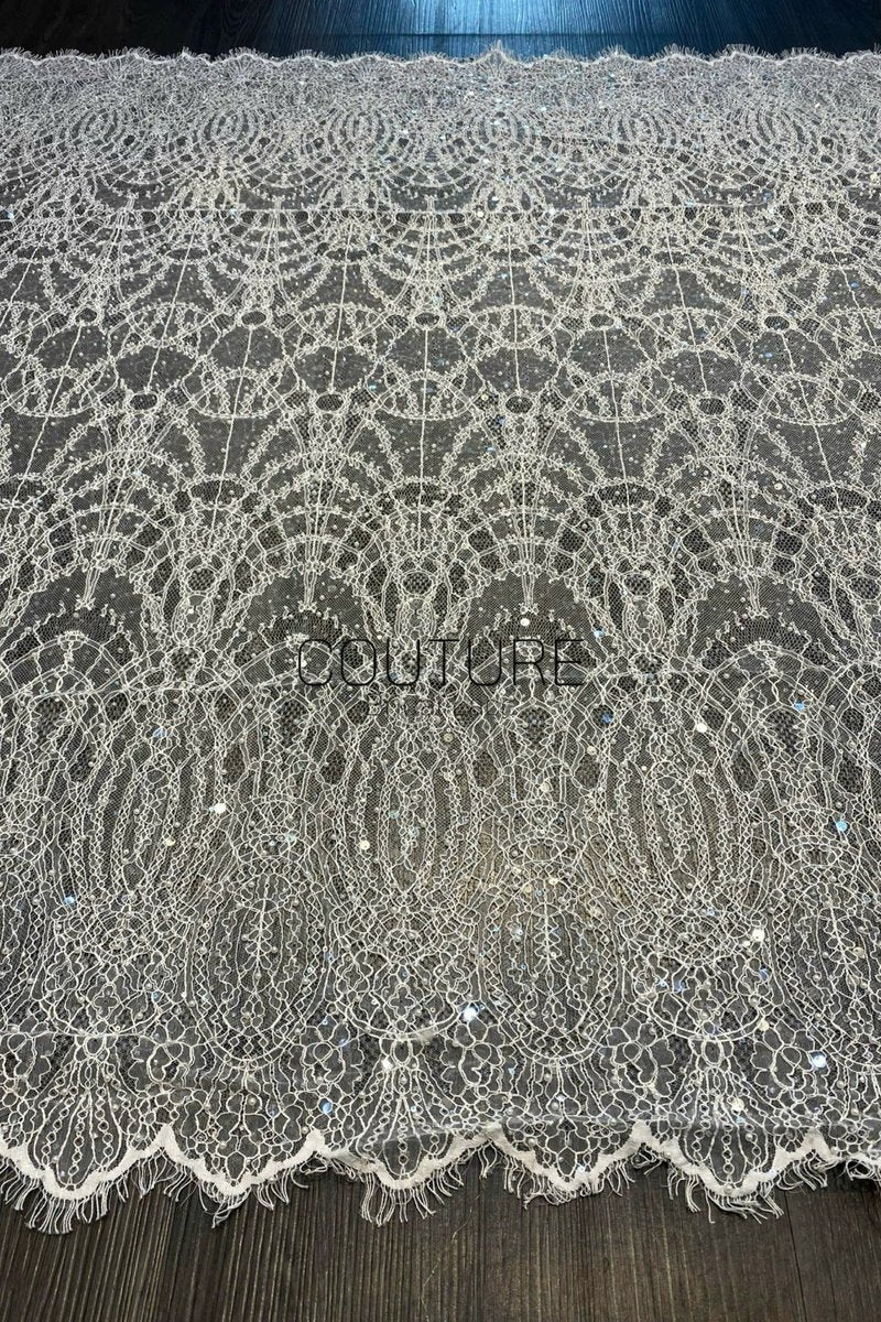 Beaded Chantilly Lace: White Art Deco Geometric Chandelier Medallion with Scattered Sequins and Eyelash Scalloped Border, 3 Meters