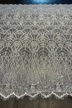 Beaded Chantilly Lace: White Art Deco Geometric Chandelier Medallion with Scattered Sequins and Eyelash Scalloped Border, 3 Meters