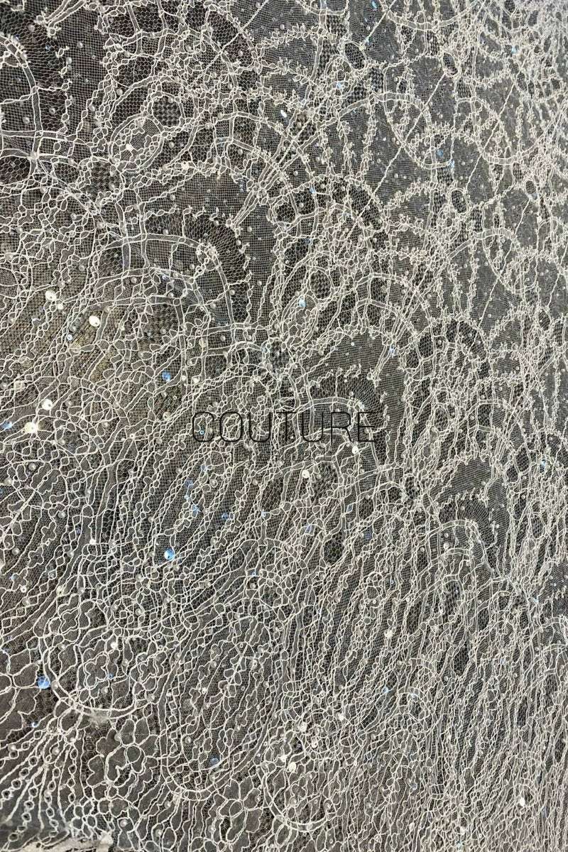 Beaded Chantilly Lace: White Art Deco Geometric Chandelier Medallion with Scattered Sequins and Eyelash Scalloped Border, 3 Meters