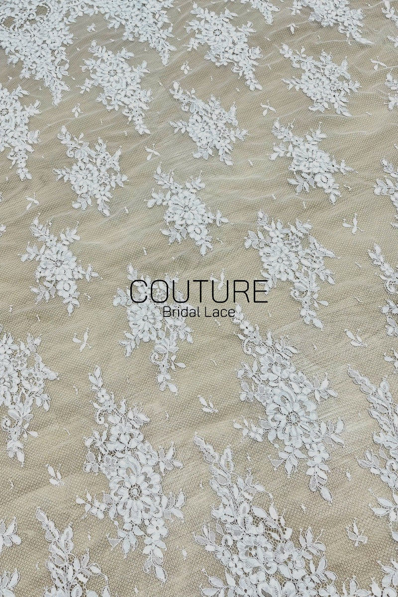 Corded Chantilly French Lace: White Daisy Floral Clusters with Dragonfly Accents, Heavy Tulle, 3 Meters