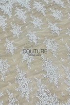 Corded Chantilly French Lace: White Daisy Floral Clusters with Dragonfly Accents, Heavy Tulle, 3 Meters