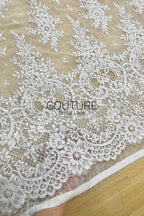 Corded Chantilly French Lace: White Daisy Floral Clusters with Dragonfly Accents, Heavy Tulle, 3 Meters
