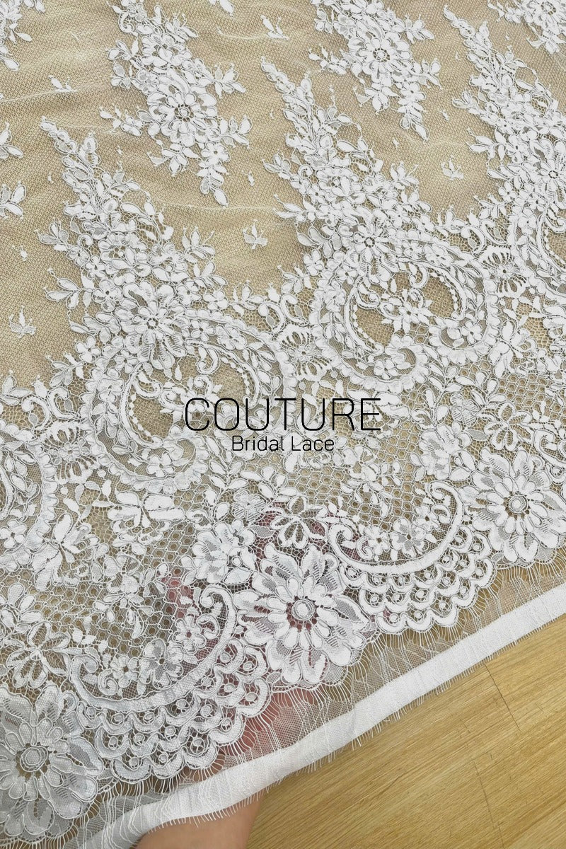 Corded Chantilly French Lace: White Daisy Floral Clusters with Dragonfly Accents, Heavy Tulle, 3 Meters