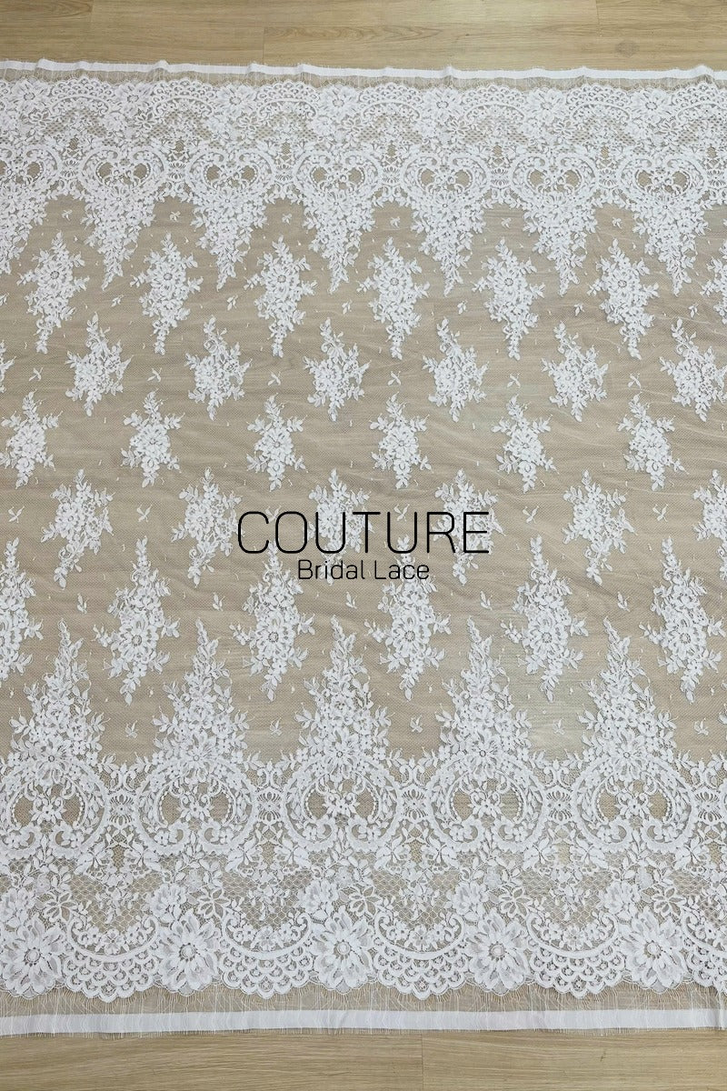 Corded Chantilly French Lace: White Daisy Floral Clusters with Dragonfly Accents, Heavy Tulle, 3 Meters