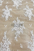 Corded Chantilly French Lace: White Daisy Floral Clusters with Dragonfly Accents, Heavy Tulle, 3 Meters