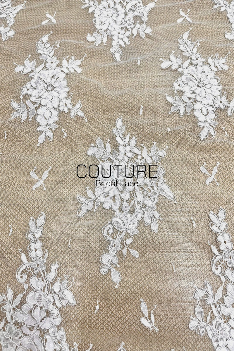 Corded Chantilly French Lace: White Daisy Floral Clusters with Dragonfly Accents, Heavy Tulle, 3 Meters