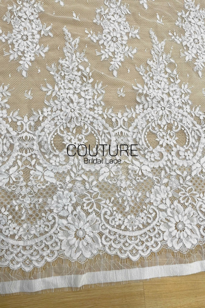 Corded Chantilly French Lace: White Daisy Floral Clusters with Dragonfly Accents, Heavy Tulle, 3 Meters