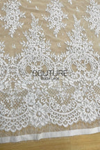 Corded Chantilly French Lace: White Daisy Floral Clusters with Dragonfly Accents, Heavy Tulle, 3 Meters