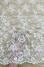 Corded Chantilly French Lace: White Scattered Rose Bouquet Clusters with Scrolling Cartouche Scalloped Border, 3 Meters