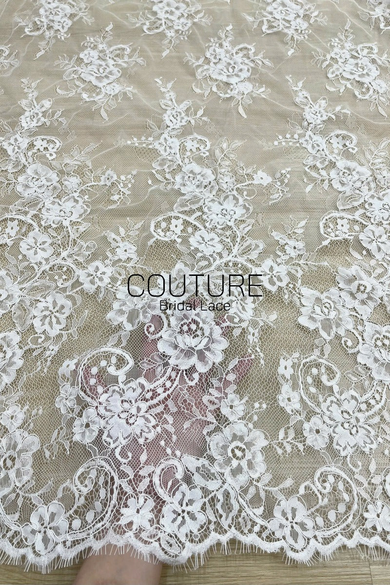 Corded Chantilly French Lace: White Scattered Rose Bouquet Clusters with Scrolling Cartouche Scalloped Border, 3 Meters