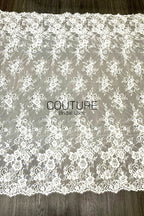 Corded Chantilly French Lace: White Scattered Rose Bouquet Clusters with Scrolling Cartouche Scalloped Border, 3 Meters