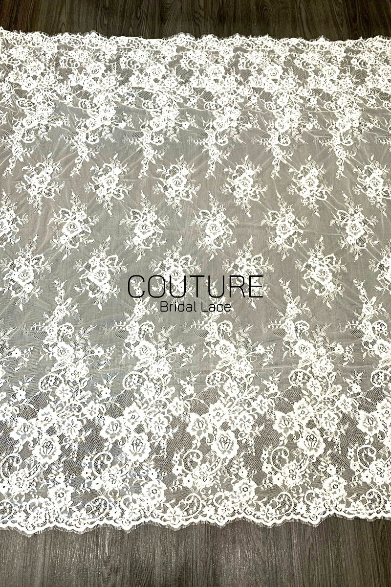 Corded Chantilly French Lace: White Scattered Rose Bouquet Clusters with Scrolling Cartouche Scalloped Border, 3 Meters