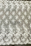 Corded Chantilly French Lace: White Scattered Rose Bouquet Clusters with Scrolling Cartouche Scalloped Border, 3 Meters