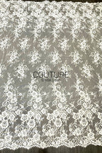 Corded Chantilly French Lace: White Scattered Rose Bouquet Clusters with Scrolling Cartouche Scalloped Border, 3 Meters