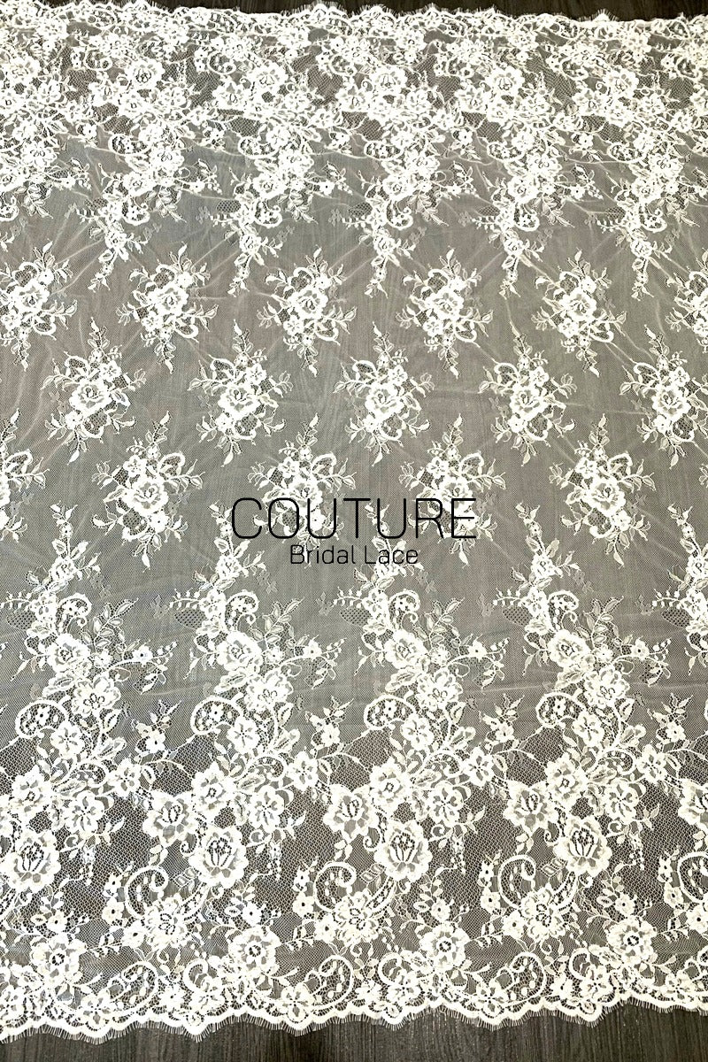 Corded Chantilly French Lace: White Scattered Rose Bouquet Clusters with Scrolling Cartouche Scalloped Border, 3 Meters