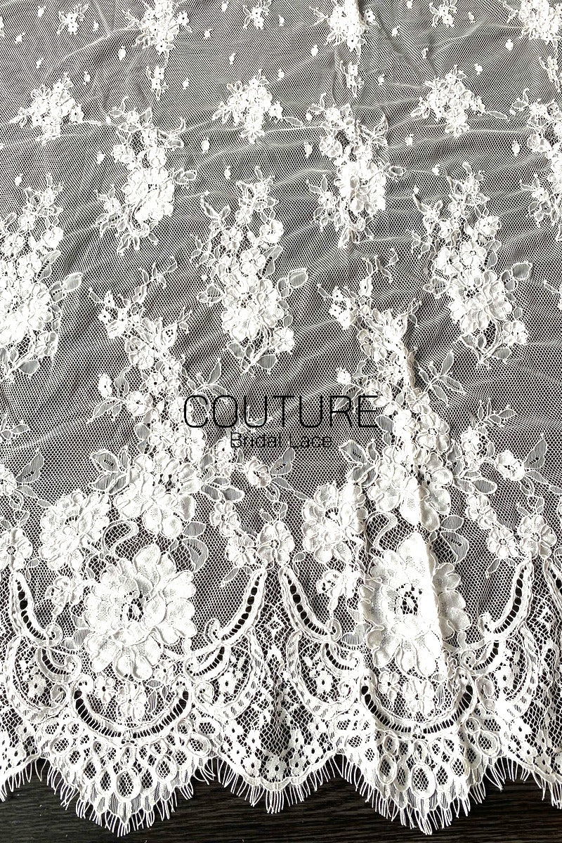 Chantilly French Lace: Black Vertical Cascading Floral Clusters with Ornate Arch Scalloped Border, 3 Meters