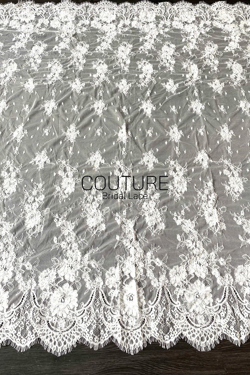 Chantilly French Lace: Black Vertical Cascading Floral Clusters with Ornate Arch Scalloped Border, 3 Meters