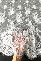Chantilly French Lace: Black Vertical Cascading Floral Clusters with Ornate Arch Scalloped Border, 3 Meters