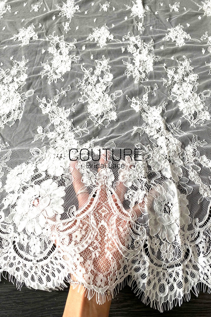 Chantilly French Lace: Black Vertical Cascading Floral Clusters with Ornate Arch Scalloped Border, 3 Meters