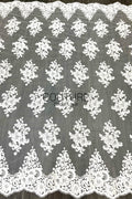 Corded Chantilly French Lace: White Large Floral Medallions in Diamond Grid with Chevron Arch Border, 1 Meter