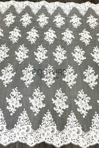Corded Chantilly French Lace: White Large Floral Medallions in Diamond Grid with Chevron Arch Border, 1 Meter