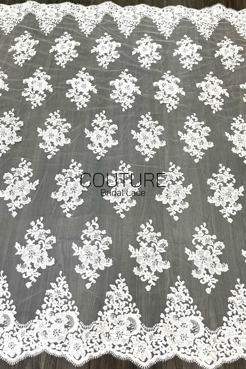 Corded Chantilly French Lace: White Large Floral Medallions in Diamond Grid with Chevron Arch Border, 1 Meter