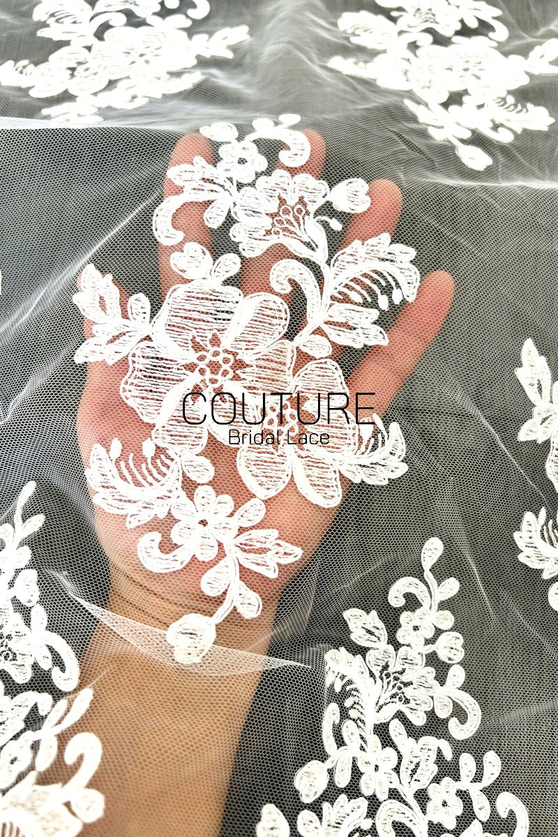 Corded Chantilly French Lace: White Large Floral Medallions in Diamond Grid with Chevron Arch Border, 1 Meter