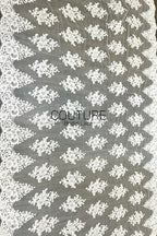 Corded Chantilly French Lace: White Large Floral Medallions in Diamond Grid with Chevron Arch Border, 1 Meter