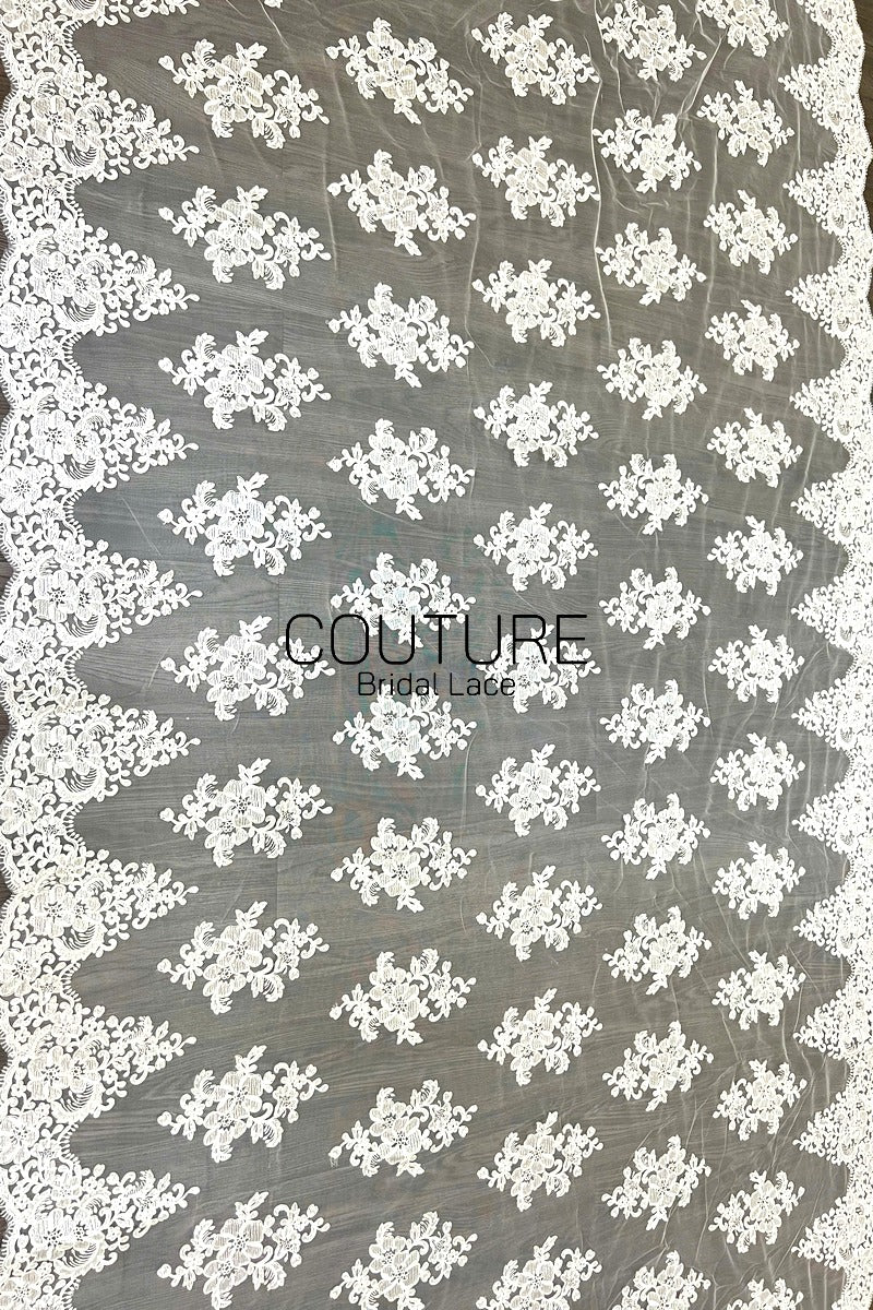 Corded Chantilly French Lace: White Large Floral Medallions in Diamond Grid with Chevron Arch Border, 1 Meter